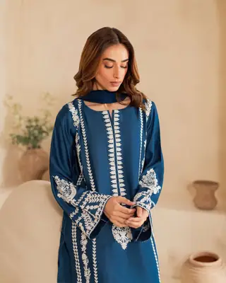 3 Pcs Women's Stitched Linen Embroidered Suit thumbnail 3