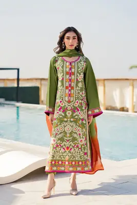 3 Pcs Women's Stitched Linen Embroidered Suit