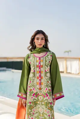 3 Pcs Women's Stitched Linen Embroidered Suit thumbnail 2
