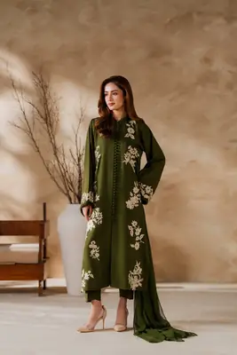 3 Pcs Women's Stitched Linen Embroidered Suit