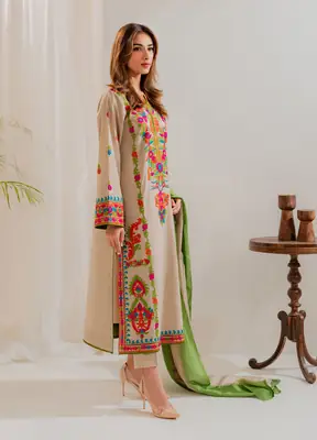 3 Pcs Women's Stitched Linen Embroidered Suit thumbnail 4
