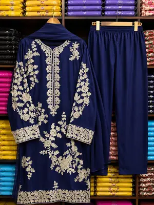 3 Pcs Women's Stitched Linen Embroidered Suit thumbnail 3