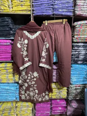 3 Pcs Women's Stitched Linen Embroidered Suit thumbnail 8
