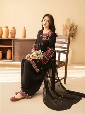 3 Pcs Women's Stitched Cotton Embroidered Suit