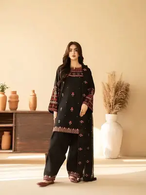 3 Pcs Women's Stitched Cotton Embroidered Suit thumbnail 2