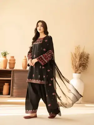 3 Pcs Women's Stitched Cotton Embroidered Suit thumbnail 3