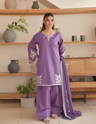 3 Pcs Women's Stitched Cotton Embroidered Suit thumbnail 2