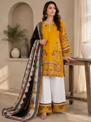 3 Pcs Women's Stitched Cotton Embroidered Suit