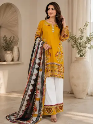 3 Pcs Women's Stitched Cotton Embroidered Suit thumbnail 3