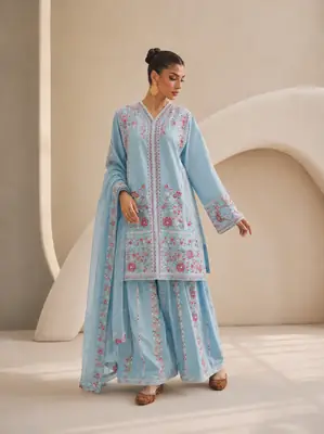 3 Pcs Women's Stitched Cotton Embroidered Suit