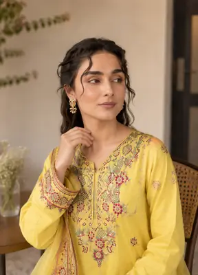 3 Pcs Women's Stitched Cotton Embroidered Suit thumbnail 3