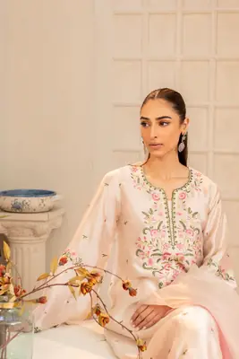 3 Pcs Women's Stitched Silk Embroidered Suit thumbnail 2