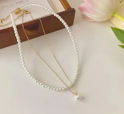 Double Layer Pearl & Gold Plated Necklace for Women 40cm thumbnail 2