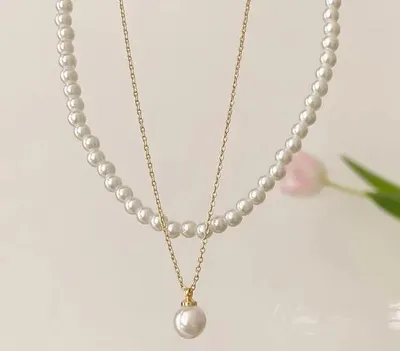Double Layer Pearl & Gold Plated Necklace for Women 40cm thumbnail 3