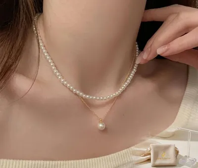 Double Layer Pearl & Gold Plated Necklace for Women 40cm thumbnail 4