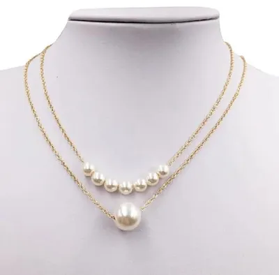 2 Layered Gold Plated Pearl Necklace for Women thumbnail 2