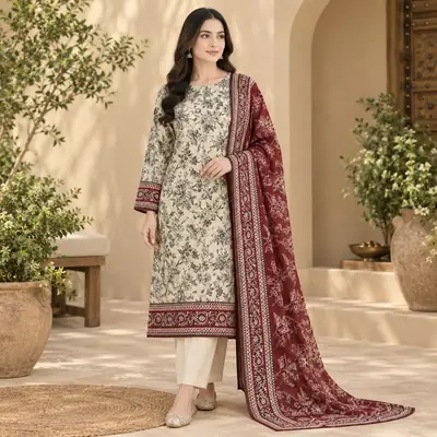 Elegant 3 Pcs khaddar Women's Unstitched Digital Print Suit