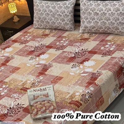 100% Pure Cotton Printed Bedsheet Set Double Bed Pink thumbnail 1