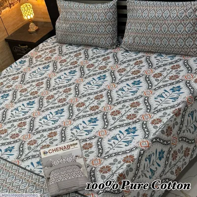 100% Pure Cotton Printed Bedsheet Set Double Bed Grey thumbnail 1