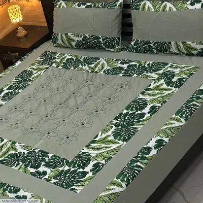 Green Tropical Leaf Patchwork Double Bedsheet Set thumbnail 1