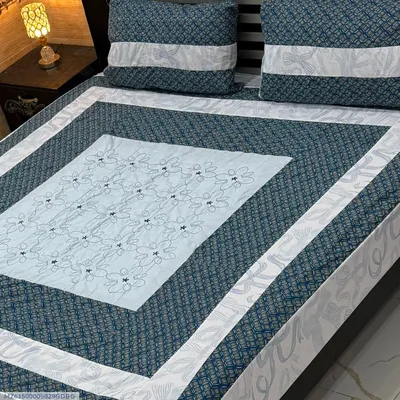 Blue Patchwork Cotton Bedsheet Set for Double Bed thumbnail 1