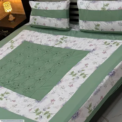 Green Patchwork Cotton Bedsheet Set Double Bed 3 Pcs thumbnail 1