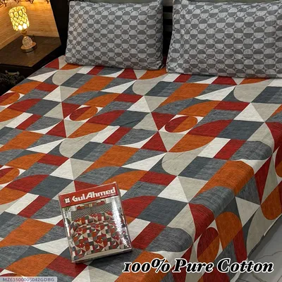 Double Bed Cotton Bedsheet Set Orange Geometric 3 Pcs thumbnail 1