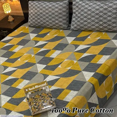 Double Bed Cotton Bedsheet Set Yellow Geometric 3 Pcs