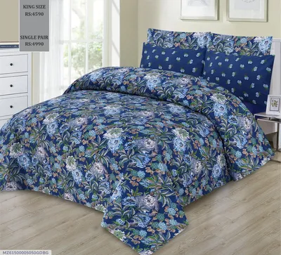 Blue Floral Cotton Bedsheet Set for Double Bed thumbnail 1