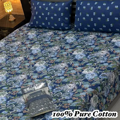 Blue Floral Cotton Bedsheet Set for Double Bed thumbnail 2