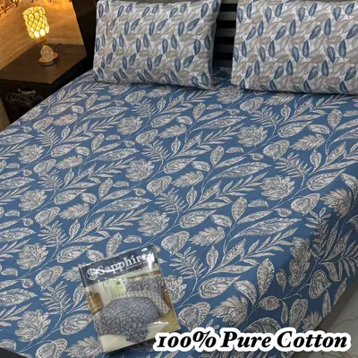 Turquoise Printed Cotton Bedsheet Set for Double Bed thumbnail 2