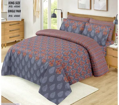 Cotton Printed King Size Bedsheet Set Grey 3 Pcs thumbnail 1