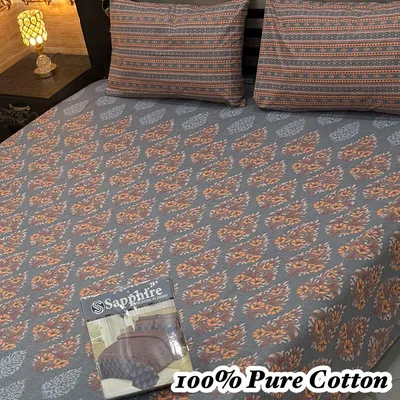 Cotton Printed King Size Bedsheet Set Grey 3 Pcs thumbnail 2