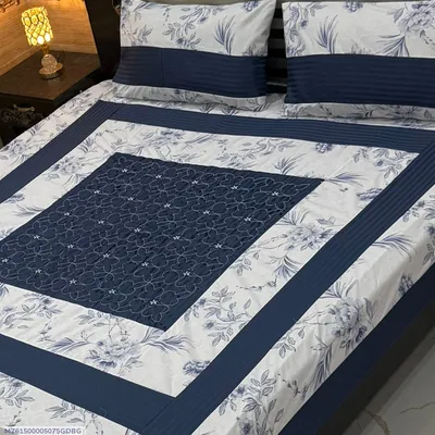 Blue Cotton Patchwork Double Bedsheet Set 3 Pcs thumbnail 1