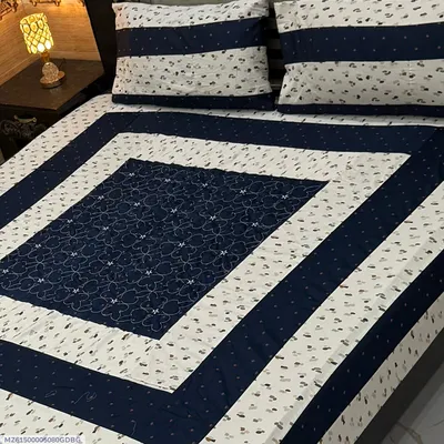 Blue Cotton Patchwork Double Bedsheet Set 3 Pcs thumbnail 1