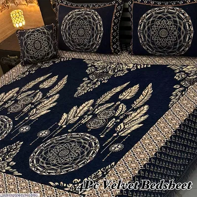 4 Pcs Velvet Jacquard Embroidered Double Bedsheet