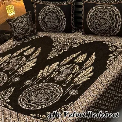 4 Pcs Velvet Jacquard Embroidered Double Bedsheet