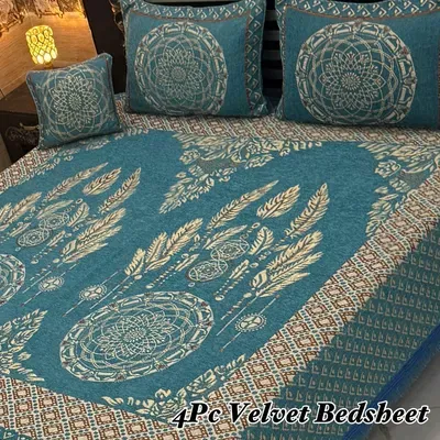 4 Pcs Velvet Jacquard Embroidered Double Bedsheet