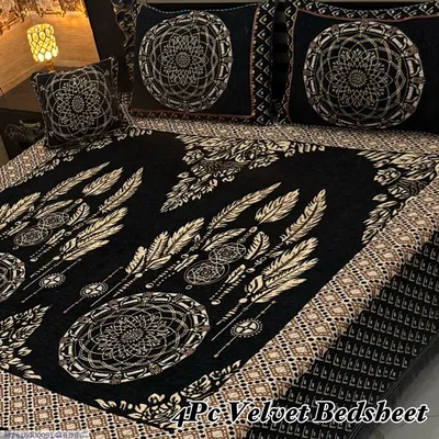 4 Pcs Velvet Jacquard Embroidered Double Bedsheet