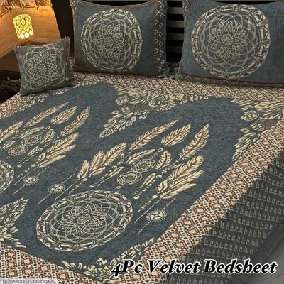 4 Pcs Velvet Jacquard Embroidered Double Bedsheet