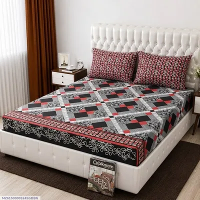 3 Pcs Cotton Salonica Printed Double Bedsheet