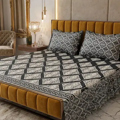 3 Pcs Cotton Salonica Frill Double Bedsheet