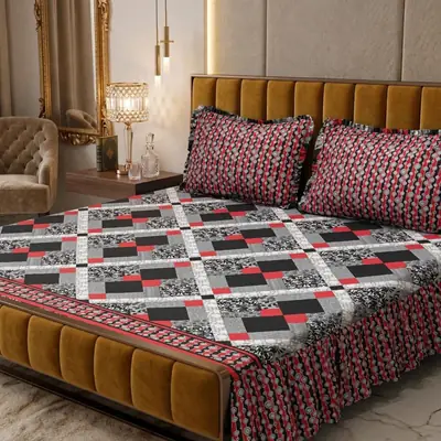 3 Pcs Cotton Salonica Frill Double Bedsheet