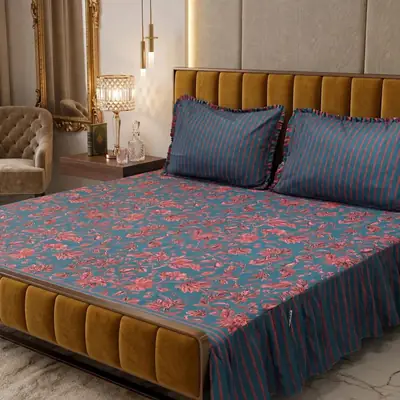 3 Pcs Cotton Salonica Frill Double Bedsheet
