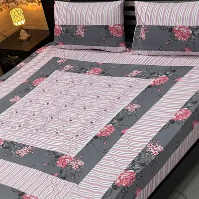 3 Pcs Cotton Patchwork Double Bedsheet
