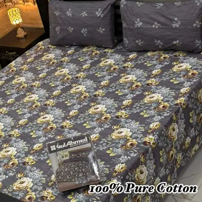 3 Pcs Cotton Printed Double Bedsheet