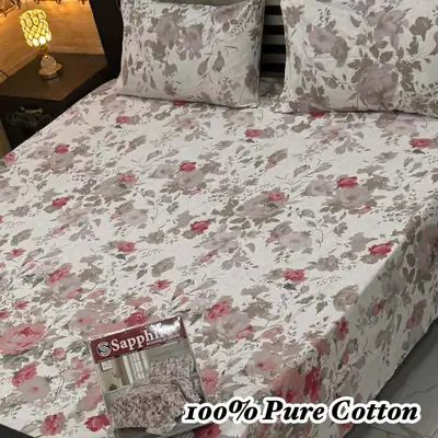 3 Pcs Cotton Printed Double Bedsheet
