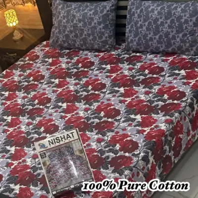 3 Pcs Cotton Printed Double Bedsheet