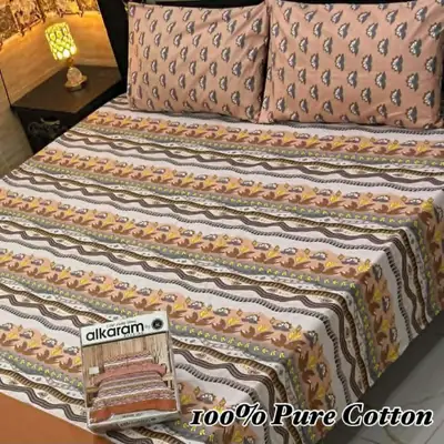 3 Pcs Cotton Printed Double Bedsheet