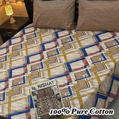 3 Pcs Cotton Printed Double Bedsheet